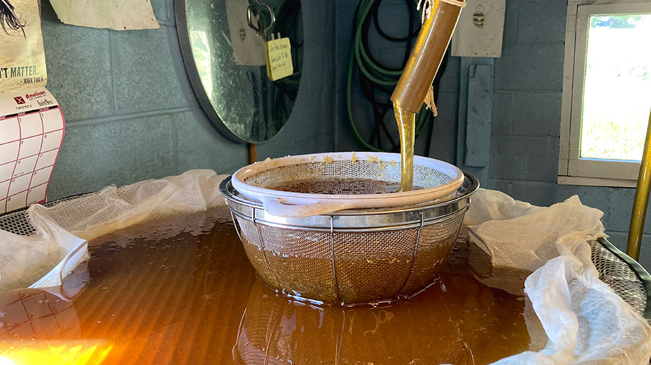 Honey strainer in use at Tom Theobald’s honey house in Boulder County, Colorado