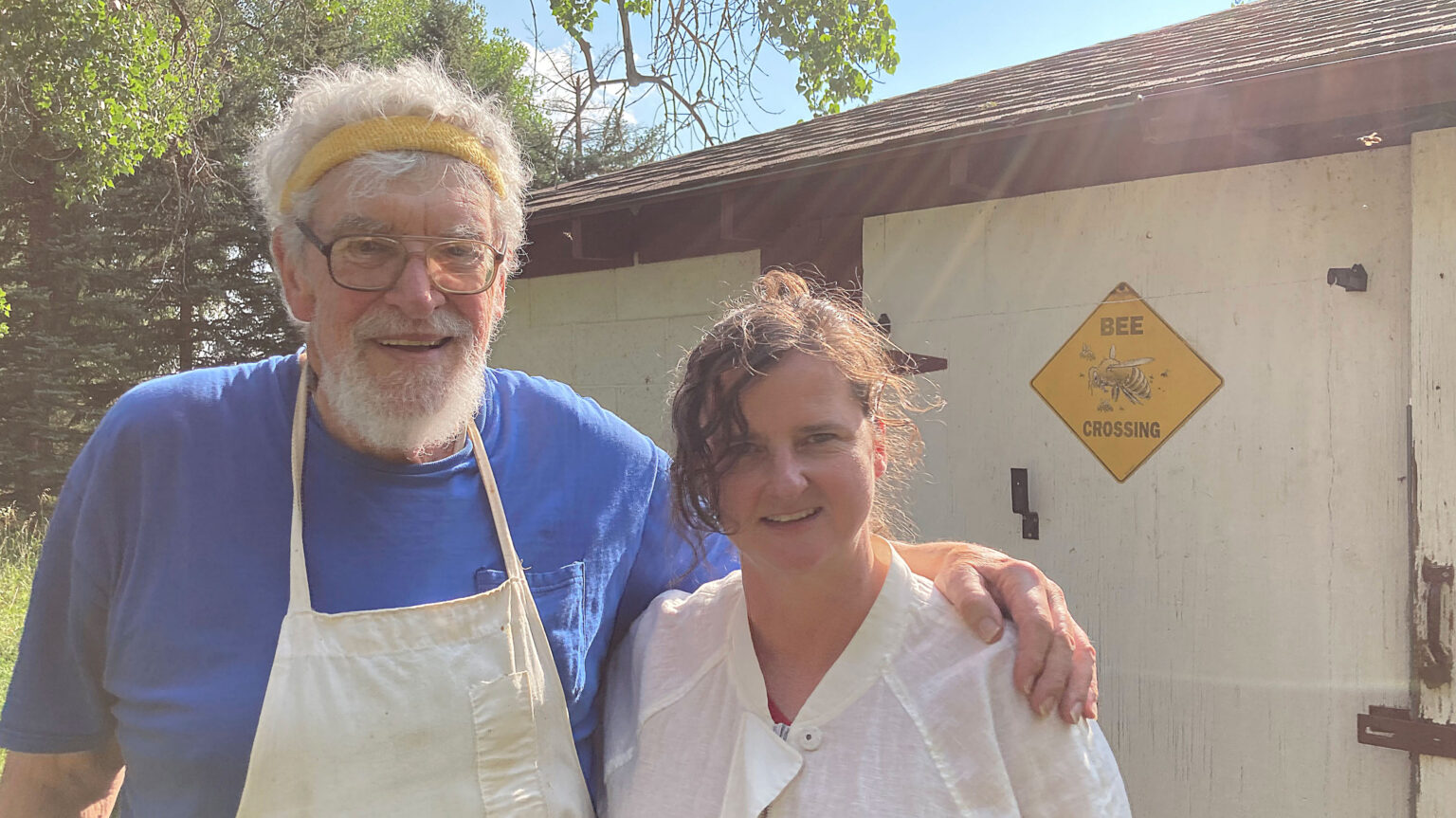 Tom and Laura standing outside the Honey House, Boulder County, Colorado, August 2021